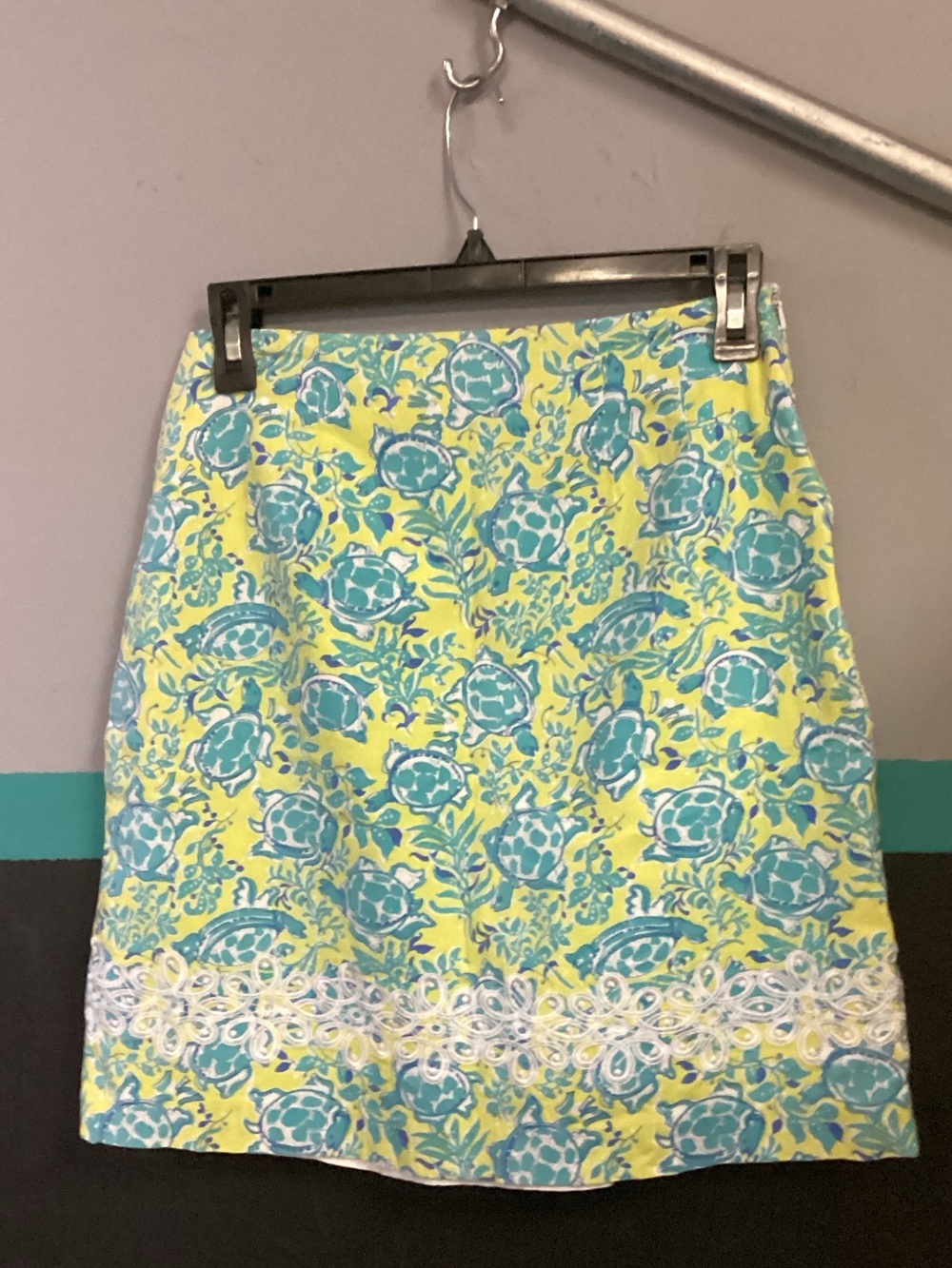 Yellow & Aqua Floral Pencil Skirt with Lace Trim